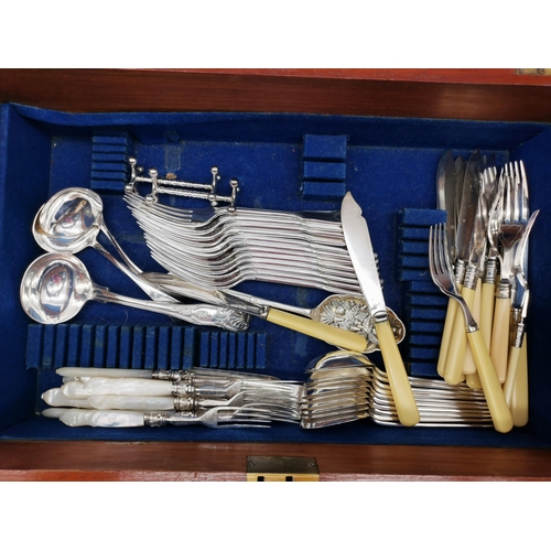 369 - A part-canteen of assorted silver-plated flatware in a wooden case, including twelve Fiddle, thread ... 