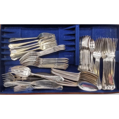 369 - A part-canteen of assorted silver-plated flatware in a wooden case, including twelve Fiddle, thread ... 