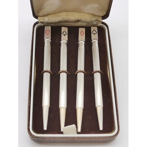 415 - A set of four silver Bridge propelling pencils, 20th Century, the square terminals each engraved and... 