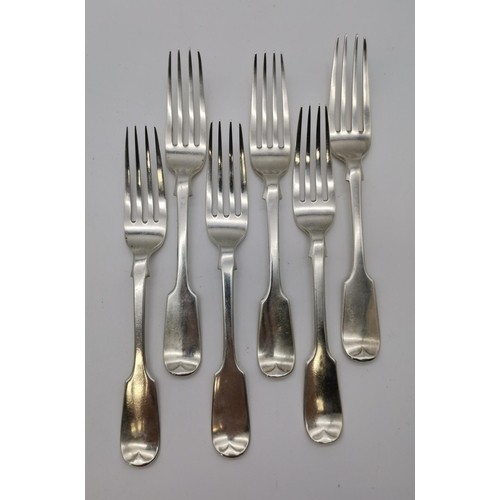 418 - Six Victorian silver side forks by William Smily, London 1863, Fiddle pattern, the reverse of the te... 