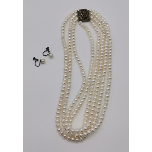 480 - A French graduated four-strand cultured pearl necklace, stamped FRANCE to the metal clasp; together ... 