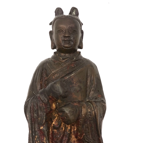 537 - A Chinese bronze figural statue, likely Ming dynasty, made using the lost wax method, with gilt and ... 