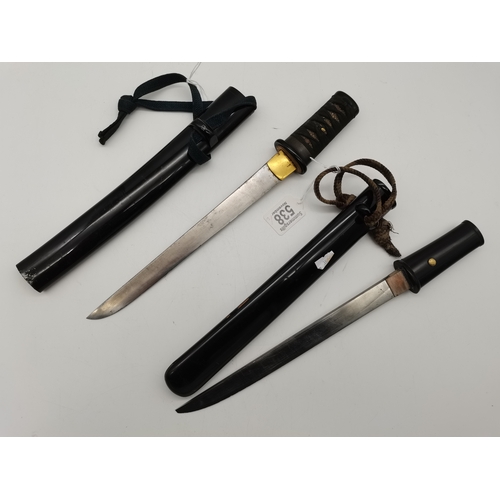 538 - Two Japanese tanto, each in a lacquered wooden saya (one a/f), the kozuka deficient from each, the f... 