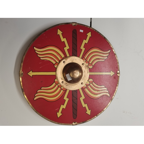 753 - Quantity of Battle re-enactment shields, swords,spears tools etc - Large Roman Shield, 2 oval Roman ... 