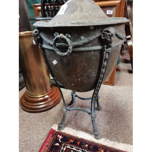 13 - A Regency style brass twin-handled wine cooler / coal bucket, lidded urn-form, the domed circular co... 