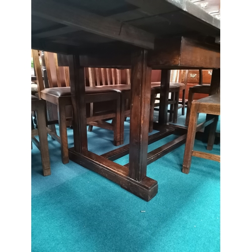 894 - Antique Oak extending draw leaf dining table L214cm x W100cm when extended with 10 leather seated da... 