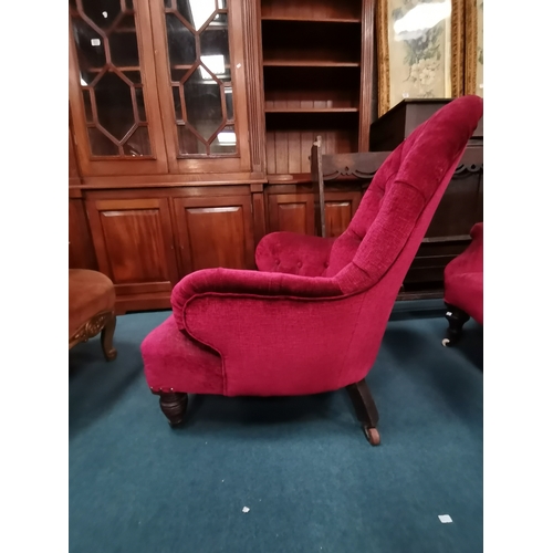 906 - A Pair of Toad Style chairs button back upholstered in a Raspberry coloured fabricCondition StatusGo... 