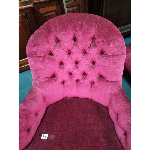 906 - A Pair of Toad Style chairs button back upholstered in a Raspberry coloured fabricCondition StatusGo... 