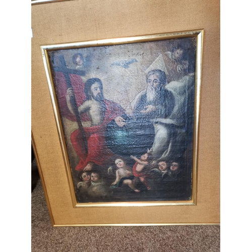 109 - Spanish School, 19th Century, The Holy Trinity, oil on canvas, laid on board, framed. 48cm by 37.5cm... 