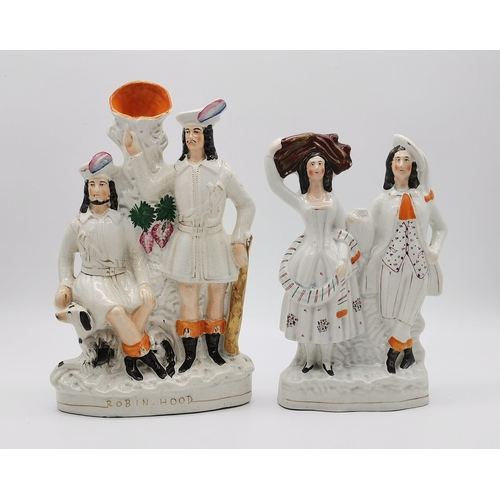 11 - A Staffordshire flat-back figure group, Harvest Couple; together with a Staffordshire spill vase fig... 