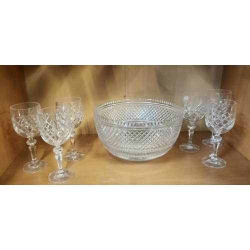 119 - Large vintage cut glass bowl 25cm diameter and x6 crystal cut glass wine glasses 18cm height