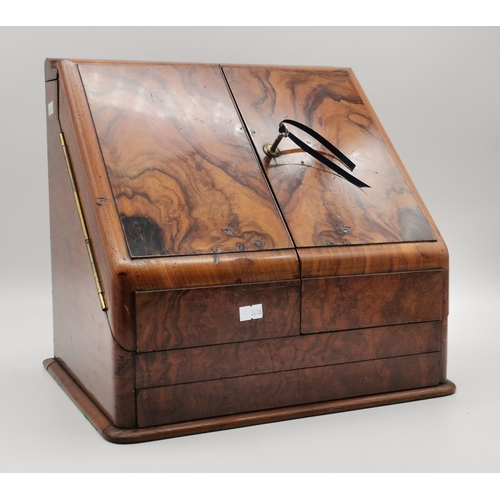 12 - A fine Victorian burr walnut desk-top writing compendium, the slant front stationery box with double... 