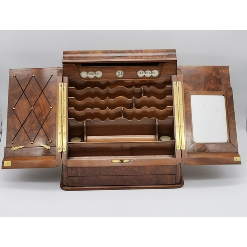 12 - A fine Victorian burr walnut desk-top writing compendium, the slant front stationery box with double... 