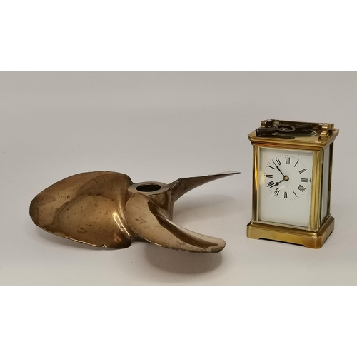 123 - Brass Carriage Clock plus small Brass Ships Propeller