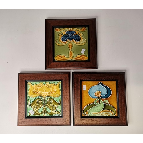 131 - 3 Art Nouveau antique tiles in wooden frames