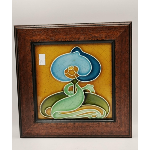 131 - 3 Art Nouveau antique tiles in wooden frames