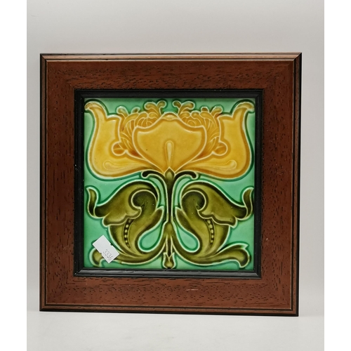 131 - 3 Art Nouveau antique tiles in wooden frames