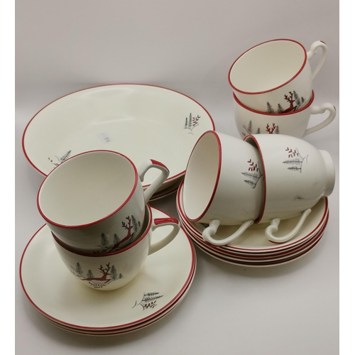 135 - Crown Devon Stockholm Leaping Deer part Tea Set - 6 cups and 8 saucers, 1 side plate and 1 bowl