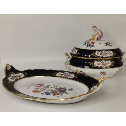 137 - Meissen porcelain Tureen, cover and oval stand (50cm L) Cobalt blue circa 1820