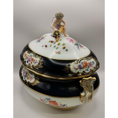 137 - Meissen porcelain Tureen, cover and oval stand (50cm L) Cobalt blue circa 1820