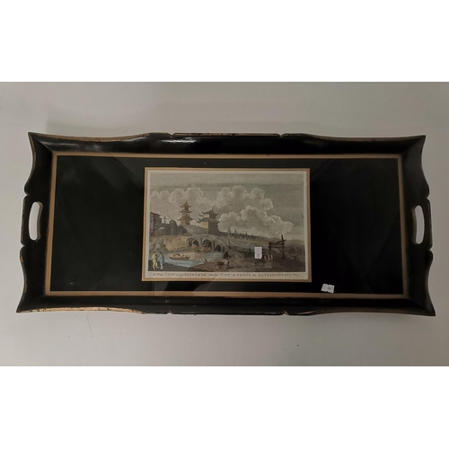 142 - A green and gilded twin-handled rectangular tray inset with a coloured etching of 'A West View of th... 