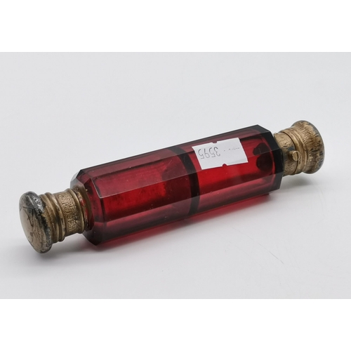 143 - A collection of Antique Glassware including Ruby red double ended perfume bottle, two Apothecary mea... 