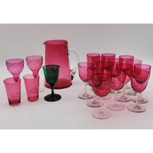 144 - A collection of Antique Red wine glasses including a water jug (a/f)