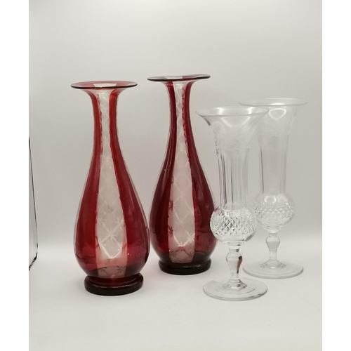 152 - A Pair of Antique Cranberry Glass vases H 23cm plus A Pair of Vintage crystal vases with etched This... 