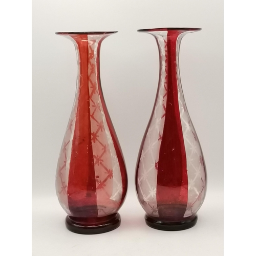 152 - A Pair of Antique Cranberry Glass vases H 23cm plus A Pair of Vintage crystal vases with etched This... 