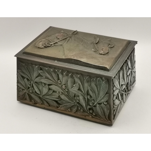 154 - Heavily carved Bronze trinket box. Top decorated with work Horses and side 13cmx 11cm x H8cm