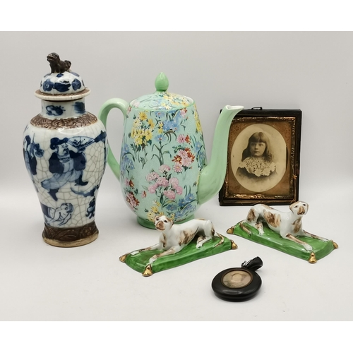 157 - Collection of miscellaneous collectables including Shelley Coffee pot, pair of Staffordshire setters... 