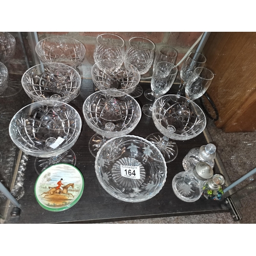 164 - Collection of cut glass and crystal incl 6 champagne coupes, antique port glasses, x3 Copeland Spode... 