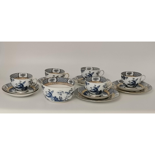 166 - Tuscan china part Tea set Rd No 614172 1940's blue and white bird design - sugar bowl, 5 cups, 6 sau... 