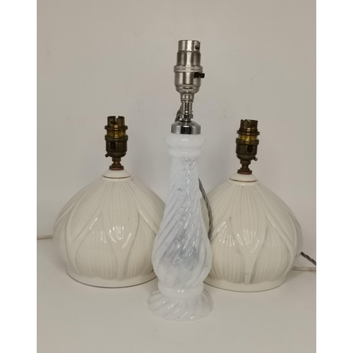 170 - A pair of Belleek lotus blossom lamps, and a baluster twist opaline glass lamp. (3) Belleek lamps 15... 