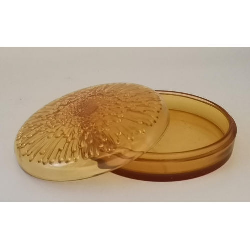 183 - Rene Lalique Tokio Lidded Box, in yellow Amber glass in two parts with the lid decorated all-over wi... 