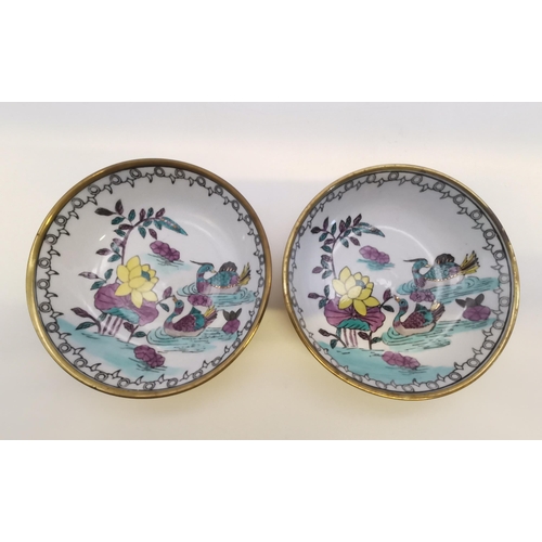 185 - A Pair of Chinese Porcelain and Brass encased bowls madarain duck theme D12.5cm