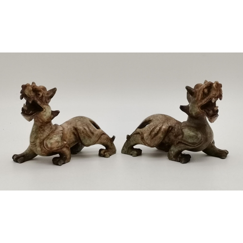 186 - A Pair of Chinese Nian Mythological Serpentine Hardstone Carving figurines H10.5cm x L13cm