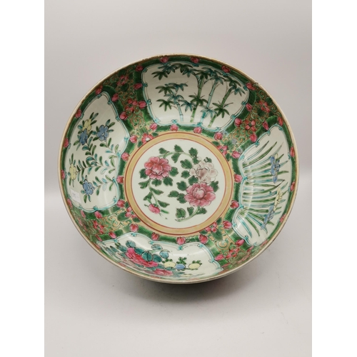 187 - Antique Chinese bowl decorated with floral scenes six character marks under 25cm diameter