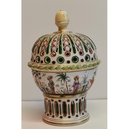 190 - Dresden Porcelain Pot Pourri lidded vase with makers mark to base H27cm