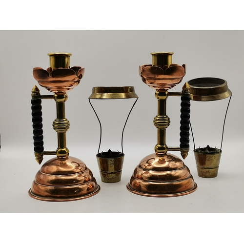 211 - A Pair of Antique Victorian Christopher Dresser style Candlesticks in copper and brass of typical Dr... 