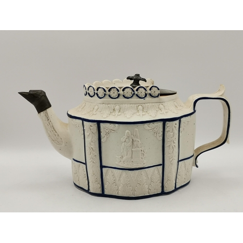 216 - Antique English Georgian Castleford White stoneware teapot with neoclassical decoration