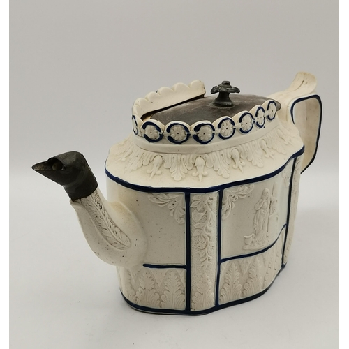 216 - Antique English Georgian Castleford White stoneware teapot with neoclassical decoration