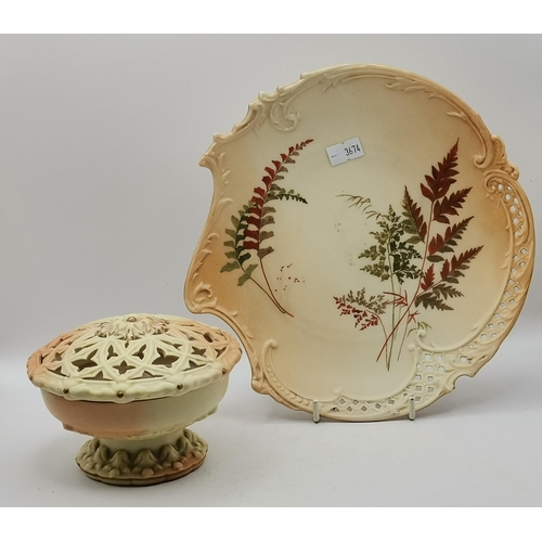 220 - Royal Worcester Cream ware fern dish pattern 1426 22cm diameter plus Pot Pourri dish with pierced la... 