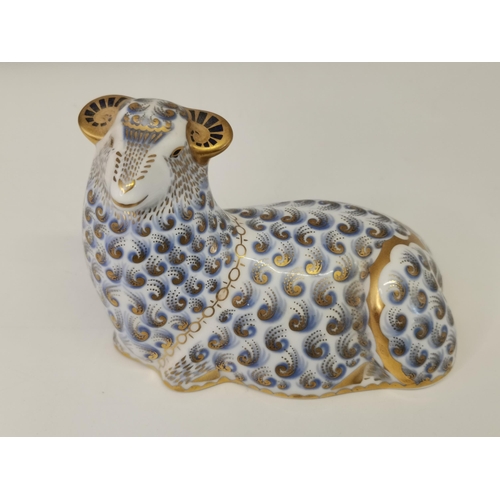 224 - Royal Crown Derby Paperweight - Ram with gold stopper W12cm x H9cm