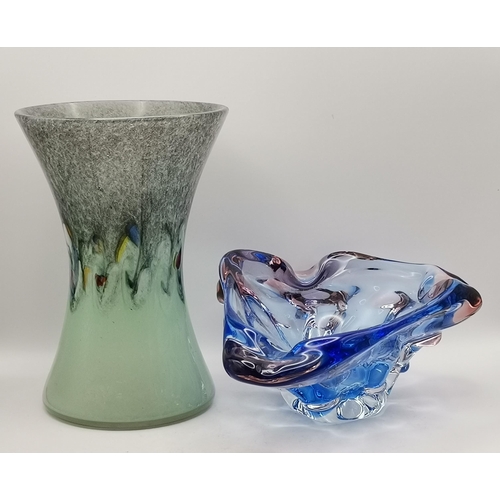 241 - Strathearn green mottled art glass vase 20cm height plus Murano style glass dish / ashtray 22cm leng... 