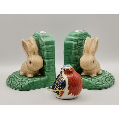 245 - A pair of Sylvac snub-nosed rabbit bookends 1311 plus Crown Derby Robin paperweight with Gold stoppe... 