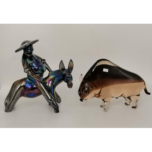 246 - Large Glass Bull possibly Murano and Ceramic Lustre Figurine of Man on Donkey