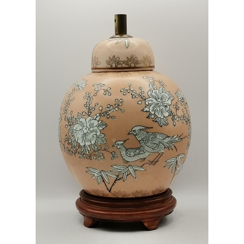 247 - Pair of Vintage Oriental vases/ urns with floral and bird motif on wooden stands 28cm height