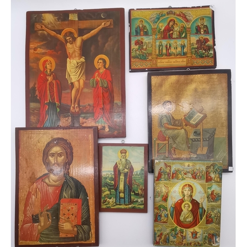 26 - Six modern Russian Icons, prints on wooden panels, some with Cyrillic inscriptions. (6) Largest 40cm... 