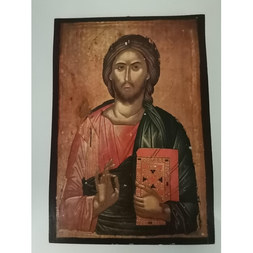 26 - Six modern Russian Icons, prints on wooden panels, some with Cyrillic inscriptions. (6) Largest 40cm... 